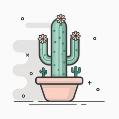 Cartoon potted cactus with flowers, light green and pink pot