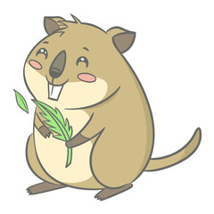 Cute cartoon quokka holding a leaf, smiling with rosy cheeks