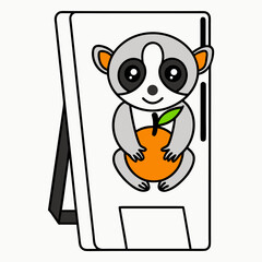 Cartoon lemur holding an orange on a display easel. cartoon