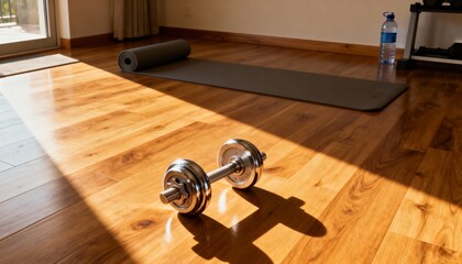 A chrome dumbbell on a sunlit wooden floor with a yoga mat in the background. Home gym workout for fitness and strength training. Healthy lifestyle concept