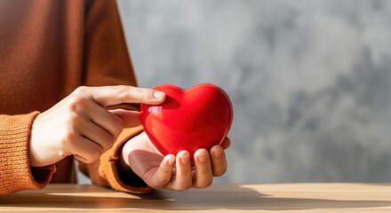 Womans hands holding a red heart, symbolizing love, care, and compassion concept