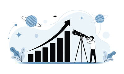 Business Growth Analysis Concept – Man with Telescope Observing Rising Bar Graph, Success and Future Vision Illustration