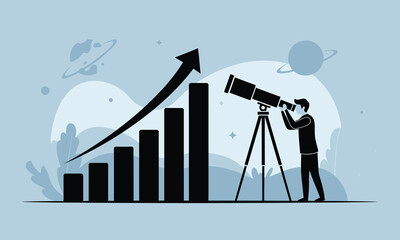 Business Growth Analysis Concept – Man with Telescope Observing Rising Bar Graph, Success and Future Vision Illustration