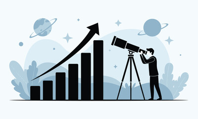 Business Growth Analysis Concept – Man with Telescope Observing Rising Bar Graph, Success and Future Vision Illustration