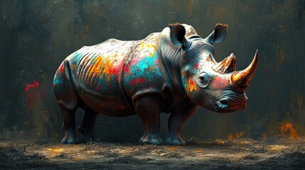 A vibrant rhino adorned with splashes of paint stands confidently in a shadowy setting