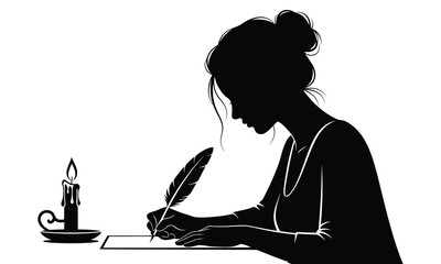 Silhouette of Woman Writing with Quill – Vintage Author Illustration for Literature, Creativity, and Inspiration Design