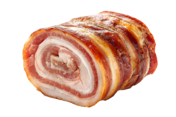 Rolled pork belly with strips of bacon wrapped around it