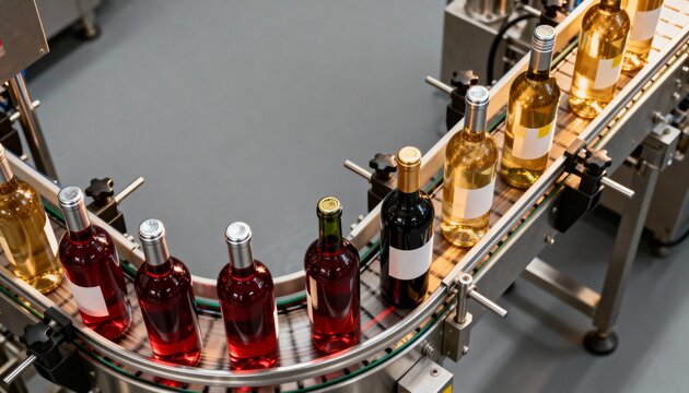 Red and white wine bottles on a conveyor belt in a bottling factory. Automated production line for beverage manufacturing. Industrial winemaking process with copy space