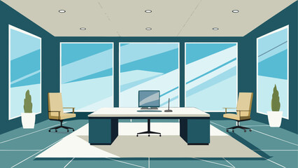 Modern office interior with large windows and desk with computer