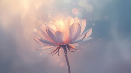 Magical blooming pink lotus flower surrounded by dreamy light and misty sparkles