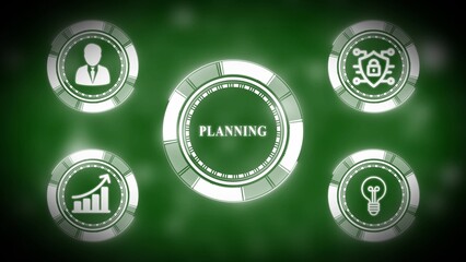Strategic planning and business processes represented by casino chip style icons in a green background