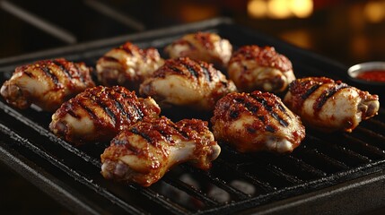 Juicy chicken drumsticks grill perfectly, coated in spicy seasoning at dusk