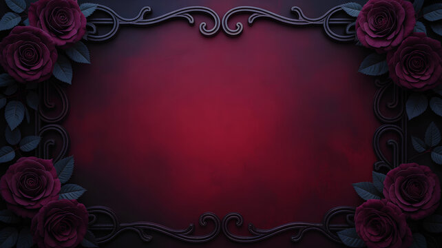 Dark gothic rose frame with ornate black border on red textured background