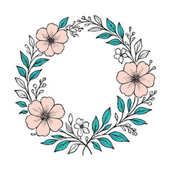 A graceful floral wreath with soft pink blossoms and green leaves, ideal for wedding invitations or feminine branding vector illustration.