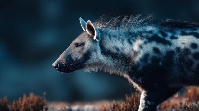 A spotted, blue-toned hyena strides through blurred wilderness, facing left