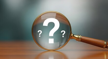 A magnifying glass focusing on question marks to represent uncertainty and inquiry