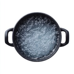Close-up View of Boiling Water in a Black Cooking Pot Against a White Background