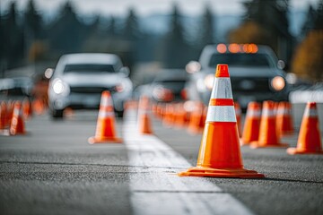 Orange cones line a road as vehicles approach