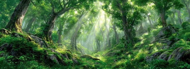 Sunbeams pierce a lush, vibrant forest canopy onto a mossy, rocky path