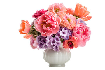 Beautiful bouquet of vibrant pink and peach flowers in a white vase against a black background