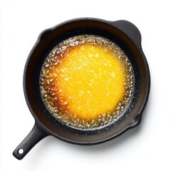 Golden Brown Melting Butter in a Cast Iron Skillet with Delicious Bubbles on a White Background