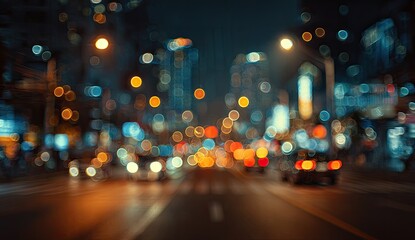 Blurred city lights at night, creating a dreamy, vibrant atmosphere