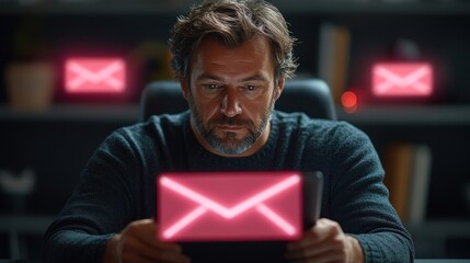 A man studies his tablet, glowing notifications lighting up the dark space