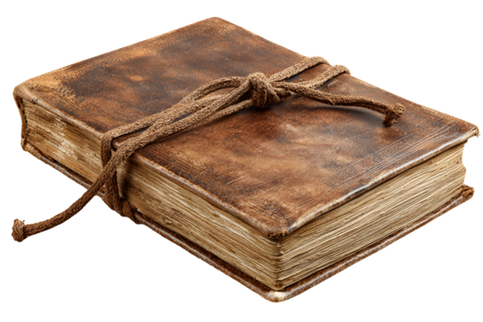 Ancient leather bound book with rope tie and aged pages on a dark background