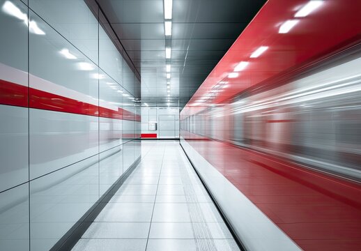 Modern subway station with blurred red train