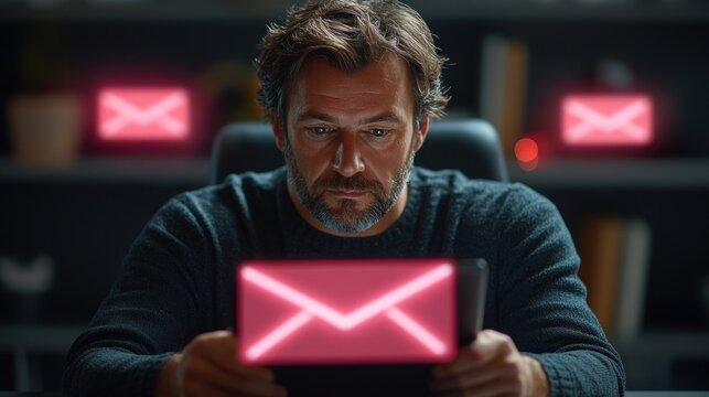 A man studies his tablet, glowing notifications lighting up the dark space