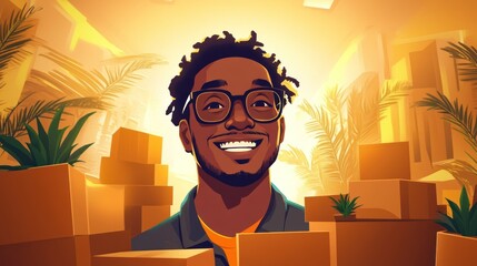 A happy young man stands smiling surrounded by colorful boxes and tropical plants