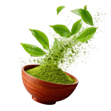  Flying falling green tea leaves with matcha bowl isolated on white and transparent background.