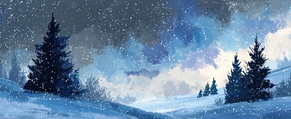 Fototapeta premium A snowy winter landscape with dark evergreen trees under a swirling sky