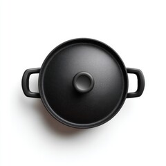 Black Cast Iron Cooking Pot with Lid on a White Background for Culinary and Kitchen Use