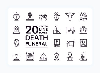 Naklejka na ściany i meble Funeral icons. Line death, religious bible and church, coffin service. Catholic, Christian church, graveyard religion memorial symbols. RIP sign pictograms collection. Vector outline set Naklejka na ściany i meble Funeral icons. Line death, religious bible and church, coffin service. Catholic, Christian church, graveyard religion memorial symbols. RIP sign pictograms collection. Vector outline set