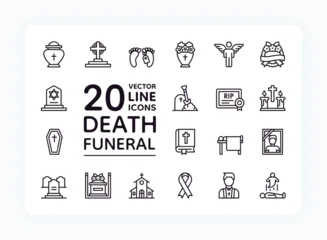 Fototapete Wohnzimmer Funeral icons. Line death, religious bible and church, coffin service. Catholic, Christian church, graveyard religion memorial symbols. RIP sign pictograms collection. Vector outline set  © SpicyTruffel