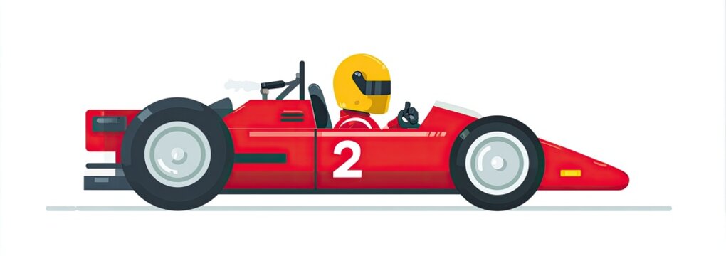 Flat illustration of a red race car with number 2 and driver