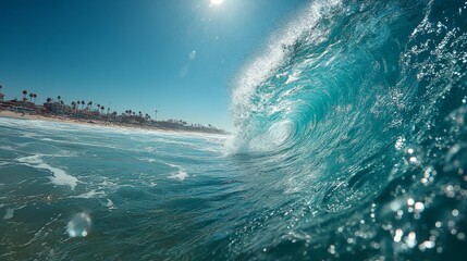 huge tube wave in the water looking towards the horizon at the beach