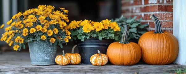 Decorative Pumpkins and Bright Flowers on Rustic Wooden Surface
