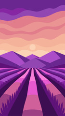 Stylized lavender field at sunset with rolling hills and vibrant sky