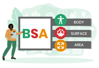 BSA - Body Surface Area acronym. business concept background. vector illustration concept with keywords and icons. lettering illustration with icons for web banner, flyer