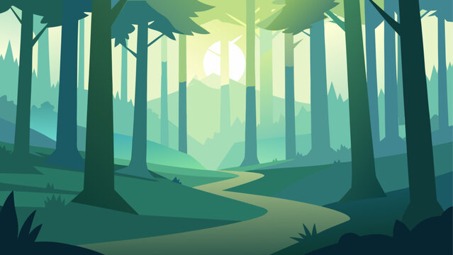 Serene forest landscape with a winding path leading towards a bright sun and distant mountains