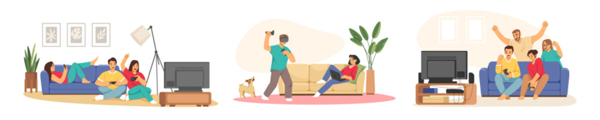People play games. Family online video watching together or dad at home weekend leisure, happy character sitting on sofa. Kid boy, man or woman hold joystick or smartphone vector illustration