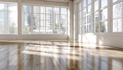 Fototapeta premium Bright, sunlit room with large windows and polished wood floor