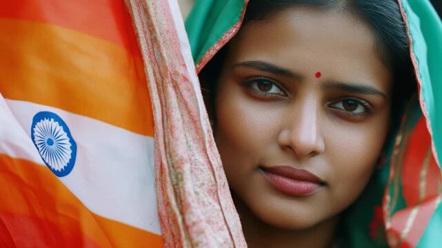 A woman covers her face with the Indian national flag, conveying patriotism and national pride
