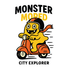 Monster Moped, City Explorer T-shirt design, A cheerful monster riding a moped vector illustration.