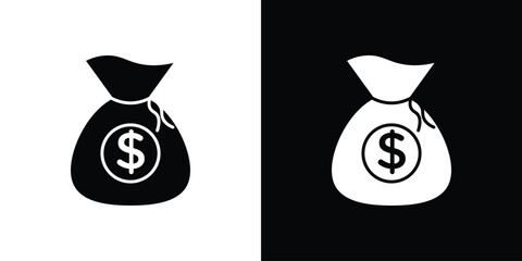 Money bag icon in solid silhouette set. Vector Illustration.