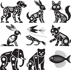 Obraz premium Black and white stylized robotic animals and fish collection rabbit elephant