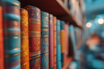 Close-up of antique leather-bound books on a shelf