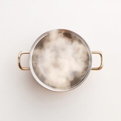 Reflective Metal Pot with Steam, Top View, Ideal for Culinary and Food Photography, Modern Kitchen Concepts, Minimalist Design